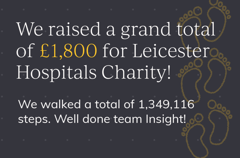 A graphic 'We raised a grant total of £1,800 for Leicester Hospitals Charity!'